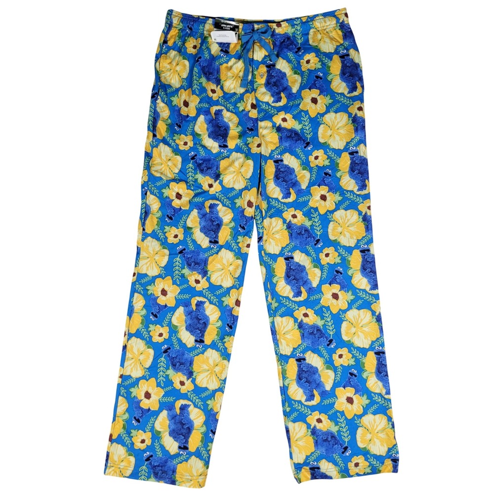 Sesame Street Sleep Pants Mens‎ XL Blue Cookie Monster Floral NWT Pajama Bottoms